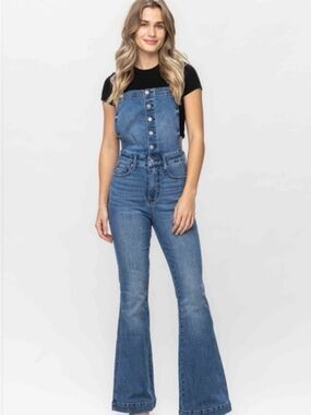 Judy Blue Blue High-Rise Button-Front Denim Overalls SZ L